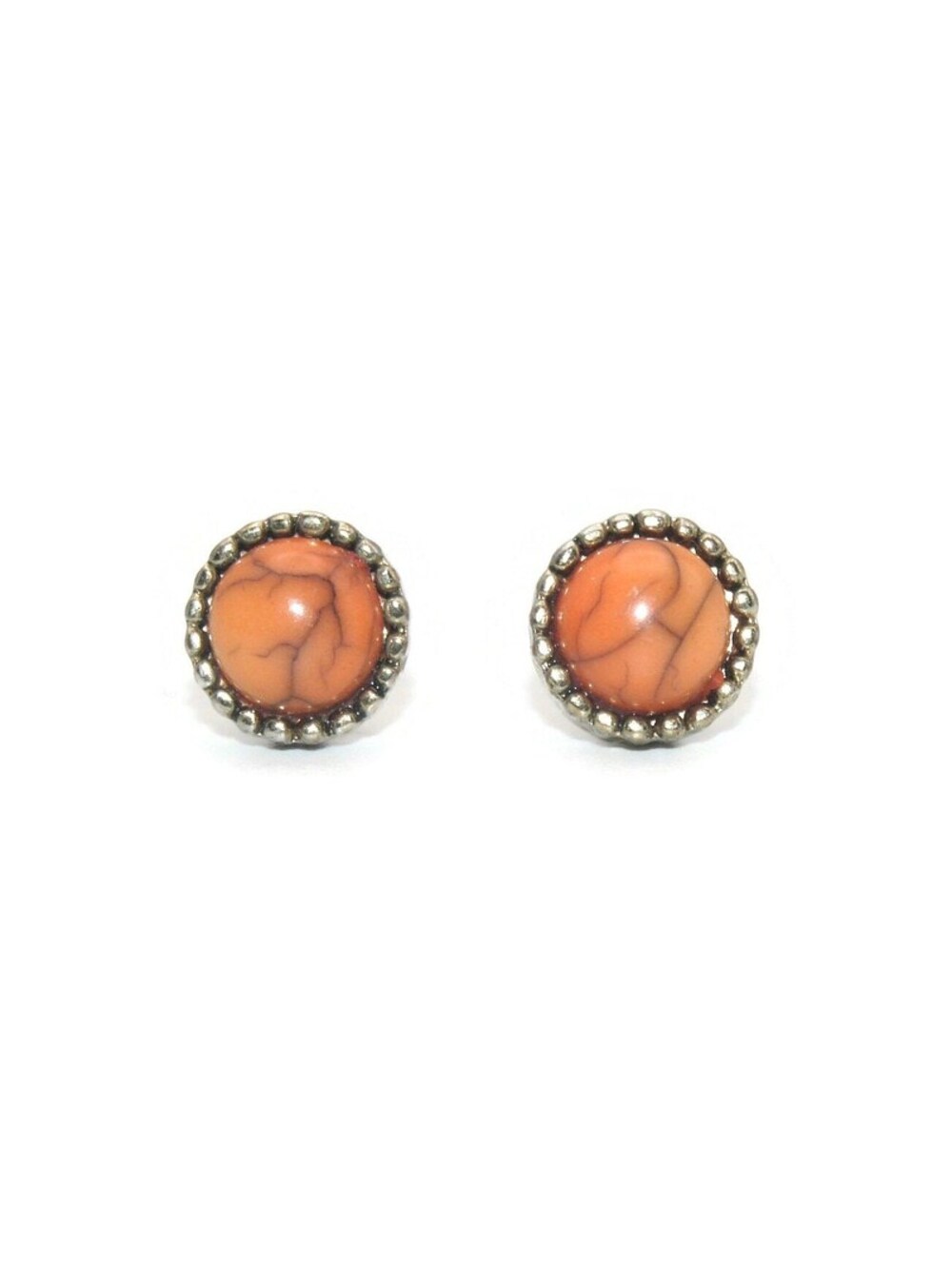 Vintage Gold Tone and Round Orange Resin Cabochon Stud Earrings with Post Backs.